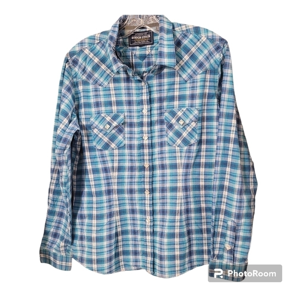 Rough Stock blue plaid pearl snap front long sleeve shirt embroidered back